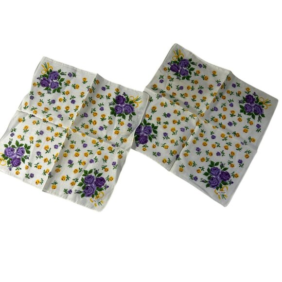 Vintage Floral Handkerchiefs Lot 2 Cotton Purple Yellow Rose Hankies I Shalom - Picture 1 of 6